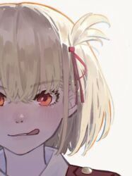 Rule 34 | 1girl, blonde hair, chinese commentary, commentary request, hair ribbon, licking lips, looking at viewer, lycoris recoil, medium hair, nishikigi chisato, one side up, portrait, red eyes, red ribbon, ribbon, simple background, smile, solo, tongue, tongue out, uud45gaotrcvkfg, white background