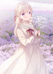Rule 34 | 1girl, blonde hair, blurry, blush, braid, closed mouth, depth of field, dress, field, flower, flower field, flower request, french braid, hair ribbon, hanako151, highres, holding, holding flower, long hair, long sleeves, original, purple eyes, red neckwear, red ribbon, ribbon, sailor collar, smile, solo, standing, white dress
