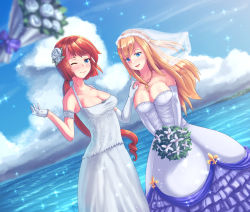 Rule 34 | 2girls, arm garter, blonde hair, blue eyes, bouquet, bouquet toss, breasts, bridal veil, cleavage, cloud, cross, cross necklace, day, dress, fleur-de-lis, flower, foreshortening, frilled dress, frills, gloves, hair flower, hair ornament, hands on another&#039;s shoulders, jewelry, large breasts, lily (flower), medium breasts, mignonette, multiple girls, necklace, nelson (warship girls r), ocean, one eye closed, ponytail, red hair, richelieu (warship girls r), rose, sky, sparkle, veil, warship girls r, wedding, wedding dress, white flower, white rose, wife and wife, yuri