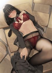 Rule 34 | 1girl, absurdres, black hair, blunt bangs, blush, bow, bow bra, bow panties, bra, breasts, brown eyes, chair, clothes pull, collared shirt, desk, glasses, gluteal fold, gusset, hand on own chest, highres, jacket, lace, lace-trimmed bra, lace-trimmed panties, lace bra, lace panties, lace trim, large breasts, leg up, long hair, low-tied long hair, lowleg, lowleg panties, lying, navel, neck ribbon, open clothes, open jacket, open mouth, open shirt, original, panties, panties under pantyhose, pantyhose, pleated skirt, red bra, red panties, red ribbon, ribbon, ribbon-trimmed bra, ribbon-trimmed panties, school chair, school desk, school uniform, shirt, skirt, skirt pull, solo, spread legs, string panties, thighs, underwear, undressing, white shirt, yomu (sgt epper)