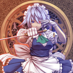 Rule 34 | 1girl, blue eyes, braid, clock, female focus, gears, gloves, glowing, glowing eyes, hair over one eye, heterochromia, highres, izayoi sakuya, knife, maid, maid headdress, pocket watch, revision, roman numeral, shirt, short hair, silver hair, solo, taut clothes, taut shirt, throwing knife, touhou, tro, twin braids, watch, weapon, white gloves