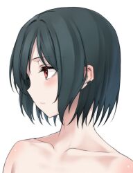 Rule 34 | 1girl, barbell piercing, black hair, blush, closed mouth, collarbone, commentary request, ear piercing, earclip, hair between eyes, highres, industrial piercing, looking away, looking to the side, love live!, love live! nijigasaki high school idol club, mifune shioriko, nasuno (nasuno42), nude, piercing, portrait, profile, red eyes, short hair, simple background, solo, white background