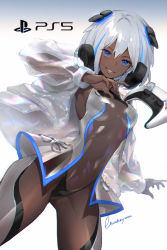 Rule 34 | 1girl, artist name, blue eyes, breasts, commentary, controller, dark-skinned female, dark skin, game console, gradient background, hair ornament, headgear, highres, jacket, joystick, leotard, lips, logo, long sleeves, looking at viewer, lucidsky, medium breasts, multicolored hair, open clothes, open jacket, original, parted lips, personification, playstation 5, see-through, short hair, signature, silver hair, simple background, skin tight, smile, solo, white background