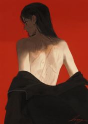 Rule 34 | 1boy, absurdres, androgynous, back, back focus, bare back, black hair, black shirt, from behind, highres, hong 3740, jewelry, long hair, looking back, male focus, messy hair, necklace, off shoulder, original, profile, red background, scar, scar on back, shirt, signature, simple background, solo, sweat, whip marks