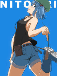 Rule 34 | 1girl, absurdres, bare shoulders, belt, blue background, blue eyes, blue footwear, blue hair, blush, blush stickers, boots, cattail, character name, collarbone, denim, denim shorts, hair bobbles, hair ornament, hat, highres, jewelry, kaauchi, kawashiro nitori, key, key necklace, leg up, looking at viewer, looking back, matching hair/eyes, necklace, plant, rubber boots, short hair, short shorts, shorts, simple background, sleeveless, solo, tank top, tongue, tongue out, tool belt, touhou, twintails, two side up, wrench