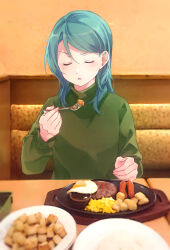 Rule 34 | 1girl, aqua hair, bang dream!, blush, closed eyes, commentary request, eating, food, fork, green sweater, hair between eyes, hikawa sayo, holding, holding fork, indoors, long hair, open mouth, partial commentary, plate, shadow, sidelocks, solo, sweater, toto (sa-dosama)