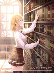 Rule 34 | 1girl, absurdres, artist name, blonde hair, blue eyes, book, brown skirt, brown thighhighs, collared shirt, from side, hair between eyes, hair over shoulder, happy birthday, harukix, high-waist skirt, highres, holding, holding book, hololive, hololive english, indoors, leaning on object, lens flare, library, light blush, light particles, light rays, looking at object, medium hair, necktie, open mouth, plaid, plaid skirt, pleated skirt, red necktie, shadow, shirt, short necktie, sidelocks, skirt, sunbeam, sunlight, thighhighs, virtual youtuber, watson amelia, watson amelia (1st costume), white shirt, window, wooden floor