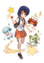 Rule 34 | 1girl, absurdres, backpack, bag, black footwear, blue headwear, braid, brown eyes, brown hair, closed mouth, collared shirt, commentary request, creatures (company), fuecoco, game freak, hand up, hat, highres, holding, holding poke ball, juliana (pokemon), knees, looking at viewer, necktie, nintendo, orange necktie, orange shorts, poke ball, poke ball (basic), pokemon, pokemon (creature), pokemon sv, quaxly, shirt, shoes, shorts, signature, smile, socks, sprigatito, star (symbol), starter pokemon trio, white background, white socks, yugo (yuno65)