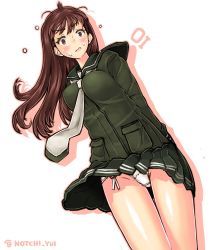 Rule 34 | 1girl, absurdres, bad id, bad twitter id, blush, breasts, brown eyes, brown hair, character name, cowboy shot, from below, green skirt, highres, kantai collection, long hair, looking at viewer, medium breasts, neckerchief, notchi, ooi (kancolle), panties, pantyshot, pleated skirt, school uniform, serafuku, simple background, skirt, solo, standing, twitter username, underwear, wavy mouth, white background, white neckerchief, white panties