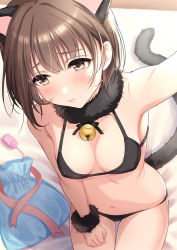 Rule 34 | 1girl, animal ears, arm up, armpits, bare shoulders, bell, black bra, black panties, blush, bra, breasts, brown eyes, brown hair, cat ears, cat tail, cleavage, closed mouth, commentary request, from above, fur bracelet, fur collar, hand on own thigh, jingle bell, looking away, medium breasts, navel, original, panties, sack, selfie, sex toy, short hair, sitting, solo, stomach, tail, tsukana (saba mizore), underwear, underwear only, vibrator
