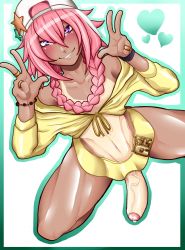 Rule 34 | 1boy, absurdres, androgynous, astolfo (fate), backwards hat, baseball cap, bb (fate), bb (fate) (all), bb (swimsuit mooncancer) (fate), bb (swimsuit mooncancer) (fate) (cosplay), blush, bracelet, braid, cosplay, double w, erection, fate/grand order, fate (series), foreskin, from above, front-tie top, ganguro, grin, gyaru, hat, hat ornament, heart, highres, jewelry, long hair, looking at viewer, male focus, outline, penis, pink hair, precum, purple eyes, ring, shirt, single braid, skirt, smile, solo, star (symbol), star hat ornament, tammaro, tammdraws, tan, tanline, trap, uncensored, veins, veiny penis, w, white hat, yellow shirt, yellow skirt