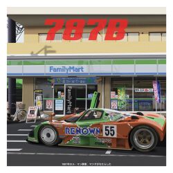 Rule 34 | bicycle, border, brembo, bush, butterfly doors, cable, car, commentary, convenience store, dunlop, english commentary, familymart, french flag, german flag, highres, idemitsu (gas station), le mans prototype, mazda, mazda 787b, motor vehicle, no symbol, outdoors, race vehicle, racecar, sei illustrations, shadow, shop, translation request, union jack, vehicle focus, vehicle name, white border, world sportscar championship