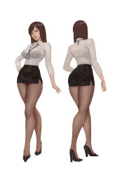 Rule 34 | 1girl, absurdres, black bra, black footwear, black pantyhose, black skirt, bra, bra visible through clothes, brown eyes, brown hair, brown pantyhose, collared shirt, commentary request, crossed legs, from behind, full body, hand on own hip, high heels, highres, id card, long hair, long sleeves, looking at viewer, medium hair, miniskirt, multiple views, office lady, original, pantyhose, parted bangs, parted lips, pencil skirt, pumps, red lips, see-through, see-through shirt, sherylnome, shirt, shirt tucked in, simple background, skirt, standing, thighs, turnaround, underwear, watson cross, white background, white shirt, white sleeves