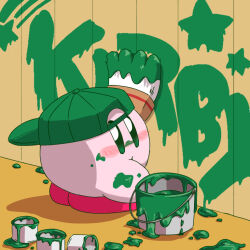 Rule 34 | backwards hat, baseball cap, blush, blush stickers, character name, closed mouth, commentary request, green eyes, green hat, hat, holding, holding paintbrush, kirby, kirby (series), looking at viewer, looking back, nintendo, no humans, paint, paint can, paint splatter, paint splatter on face, paintbrush, painting (action), satojoyu, shadow, shooting star (symbol), solo, standing, star (symbol)