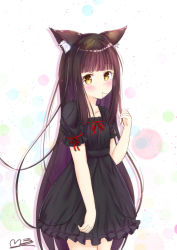Rule 34 | 1girl, alternate costume, animal ears, azur lane, bad id, bad pixiv id, black dress, black hair, blunt bangs, blush, bow, bowtie, casual, collarbone, commentary request, contemporary, dress, fox ears, fox girl, long hair, looking at viewer, m ko (maxft2), mouth hold, nagato (azur lane), short sleeves, sidelocks, simple background, solo, yellow eyes