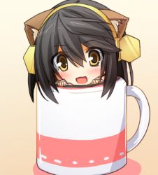 Rule 34 | 10s, 1girl, :d, animal ears, black hair, blush, chibi, cup, haruna (kancolle), headgear, ichikawa noa, in container, in cup, kantai collection, kemonomimi mode, looking at viewer, mug, open mouth, smile, solo, yellow eyes