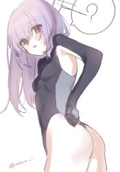 Rule 34 | 1girl, ?, ass, atsuko (blue archive), blue archive, highres, leotard, nozawa noko, official alternate costume, purple hair, red eyes, solo, white background