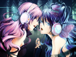 Rule 34 | 2girls, blue eyes, blue nails, breasts, butterfly hair ornament, butterfly wings, closed eyes, face-to-face, fingerless gloves, gloves, green hair, hair ornament, hat, hatsune miku, headphones, holding hands, insect wings, long hair, magnet (vocaloid), megurine luka, mejiro (pixiv126907), mini hat, mini top hat, multiple girls, nail polish, pink hair, pink nails, small breasts, top hat, tree, twintails, vocaloid, wings, yuri