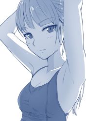 Rule 34 | 1girl, armpits, blue theme, breasts, cleavage, hands up, hi iro, long hair, looking at viewer, medium breasts, monochrome, original, parted lips, ponytail, simple background, solo, upper body, white background