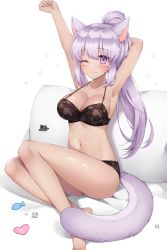 Rule 34 | 1girl, ;), animal ears, armpits, arms up, bad id, bad pixiv id, bare arms, bare legs, bare shoulders, barefoot, bed sheet, black bra, black panties, blush, bra, breasts, cat ears, cat girl, cat tail, cleavage, closed mouth, collarbone, commentary request, facial mark, fang, fang out, final fantasy, final fantasy xiv, hair between eyes, heart, high ponytail, highres, lace, lace bra, lace panties, large breasts, long hair, looking at viewer, miqo&#039;te, navel, one eye closed, panties, pillow, pong (vndn124), ponytail, purple eyes, purple hair, signature, sitting, smile, solo, stretching, tail, underwear, underwear only, very long hair, whisker markings