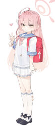 1girl absurdres aged_down ahoge blue_archive blue_sailor_collar bow bowtie braid dress green_eyes hairband halo hanako_(blue_archive) highres juice10su kneehighs long_hair pink_bow pink_bowtie pink_hair pink_halo red_bag sailor_collar sailor_dress sailor_shirt shirt side_braids simple_background smile socks solo v