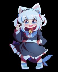 Rule 34 | 1girl, alt text, animal ears, bell, black background, blue dress, blue eyes, blue hair, blue pupils, blush, cat ears, dress, fins, fish tail, gawr gura, hair ornament, highres, hololive, hololive english, maid, multicolored hair, open mouth, pbj6541, shark, shark girl, shark hair ornament, shark tail, sharp teeth, solo, streaked hair, tail, teeth, virtual youtuber, white hair
