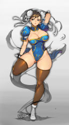 Rule 34 | 1girl, alternate costume, arm up, artist name, blue leotard, bracelet, breasts, brown eyes, brown hair, brown thighhighs, capcom, chun-li, cleavage, closed mouth, covered navel, double bun, earrings, full body, gradient background, gurimjang, hair bun, highres, jewelry, large breasts, leg up, leotard, lips, lipstick, looking away, makeup, puffy short sleeves, puffy sleeves, shiny clothes, shiny skin, short sleeves, signature, simple background, solo, spiked bracelet, spikes, standing, standing on one leg, street fighter, thighhighs, thighs, white footwear