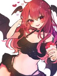 Rule 34 | 1girl, :d, alternate costume, bare shoulders, bikini, black bikini, black choker, blurry, breasts, chikuwa (tikuwaumai ), choker, cleavage, collarbone, commentary request, crop top, cup, depth of field, drinking straw, food, frappuccino, fruit, hair between eyes, hand in own hair, hand up, head wings, heart, heart choker, highres, holding, holding cup, koakuma, large breasts, long hair, looking at viewer, multicolored nails, nail polish, no navel, off-shoulder bikini, off shoulder, open mouth, red eyes, red hair, simple background, smile, solo, strawberry, swimsuit, touhou, upper body, white background, wings
