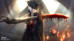 Rule 34 | 1girl, ascot, blood, blood on clothes, blood stain, bloodborne, double-blade, gehrman the first hunter, gem, hat, hat feather, highres, lady maria of the astral clocktower, looking at viewer, pin.s, solo, tricorne, white ascot