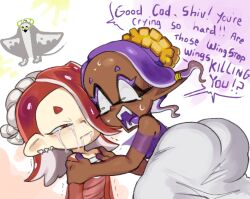 Rule 34 | 1boy, 2girls, :3, :d, archived source, ass, asymmetrical hair, bare shoulders, big man (splatoon), chest sarashi, closed mouth, colored eyelashes, colored skin, colored tongue, commentary, crying, dark-skinned female, dark skin, drawfag, earrings, english commentary, english text, fangs, flat chest, food, food on head, forehead, frye (splatoon), hachimaki, hair over one eye, hands on another&#039;s shoulders, harem pants, headband, hokkamuri, inkling, jewelry, looking at another, manta ray, multicolored skin, multiple earrings, multiple girls, nejiri hachimaki, nintendo, object on head, octoling, open mouth, pants, pointy ears, poncho, pun, purple hair, purple shawl, purple skin, purple tongue, red eyes, red hair, red poncho, saliva, sarashi, see-through, shawl, shiver (splatoon), short eyebrows, smile, snot, speech bubble, spicy, splatoon (series), splatoon 3, streaming tears, suction cups, sweat, tears, teeth, tempura, tentacle hair, tooth earrings, trembling, two-tone skin, white pants, worried, yellow eyes