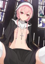 Rule 34 | 1girl, braid, breasts, candlestand, capelet, church, cross, groin, hair over shoulder, hood, jewelry, long hair, lowleg, medium breasts, miruto netsuki, necklace, no bra, no panties, nun, open clothes, open shirt, original, pendant, pink eyes, pink hair, shirt, sitting, solo, spread legs, stained glass, thighhighs, thighs, twin braids, underboob, very long hair, white thighhighs, zettai ryouiki