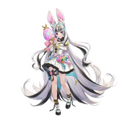 1girl animal_ears bare_shoulders black_choker black_hair breasts choker feather_hair_ornament feathers fire_emblem fire_emblem_engage fire_emblem_heroes full_body grey_hair hair_ornament ichikawa_haru long_hair looking_at_viewer multicolored_hair nintendo official_alternate_costume official_art purple_eyes rabbit_ears smile two-tone_hair very_long_hair veyle_(fire_emblem) wavy_hair