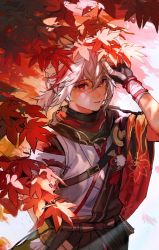 Rule 34 | 1boy, autumn leaves, bandaged hand, bandages, black gloves, black scarf, black shorts, chest strap, cowboy shot, fingerless gloves, genshin impact, gloves, hair between eyes, highres, japanese clothes, kaedehara kazuha, light smile, looking at viewer, low ponytail, male focus, medium hair, multicolored hair, oretsuu, outdoors, parted lips, red eyes, red hair, red scarf, scarf, shading eyes, short ponytail, shorts, solo, streaked hair, white background, white hair