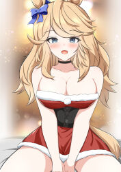 Rule 34 | 1girl, animal ears, arn7, bare shoulders, bed sheet, black choker, blonde hair, blue eyes, blush, bow, breasts, choker, christmas, cleavage, commentary, dress, ear bow, fur-trimmed dress, fur trim, gold city (umamusume), highres, horse ears, horse girl, large breasts, long hair, looking at viewer, on bed, open mouth, red dress, santa dress, short dress, sitting, smile, solo, strapless, strapless dress, umamusume, v arms
