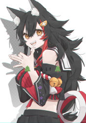 Rule 34 | 1girl, animal ear fluff, animal ears, bell, black hair, black shirt, black skirt, breasts, commentary, cowboy shot, detached sleeves, dog shadow puppet, english text, fang, hair between eyes, hair ornament, highres, hololive, kouhaku nawa, long hair, looking at viewer, medium breasts, midriff, multicolored hair, ookami mio, ookami mio (1st costume), open mouth, orange eyes, own hands together, pleated skirt, pochimoto, red hair, rope, sailor collar, shadow, shadow puppet, shimenawa, shirt, simple background, skirt, smile, solo, streaked hair, teeth, two-tone hair, virtual youtuber, white background, wolf ears