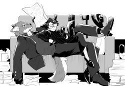Rule 34 | animal ears, arknights, bishounen, black gloves, brothers, capone (arknights), cellphone, couch, formal, full body, furry, furry male, gambino (arknights), glasses, gloves, iwashi 80, lying, male focus, phone, scar, scar across eye, shoes, siblings, sweater, tail, wolf boy, wolf ears, wolf tail