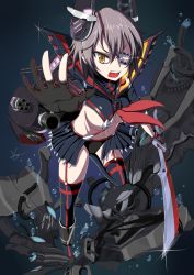 Rule 34 | 1girl, absurdres, abyssal ship, black gloves, black panties, black thighhighs, breasts, bubble, cannon, cosplay, crossover, dawn02, eyepatch, fingerless gloves, garter straps, gatling gun, glint, gloves, gun, headgear, highres, kantai collection, kill la kill, looking at viewer, matoi ryuuko, matoi ryuuko (cosplay), microskirt, navel, neckerchief, open mouth, outstretched hand, panties, purple hair, revealing clothes, scissor blade (kill la kill), senketsu, serious, short hair, showgirl skirt, signature, skirt, solo, standing on object, tenryuu (kancolle), thighhighs, turret, underboob, underwater, underwear, weapon