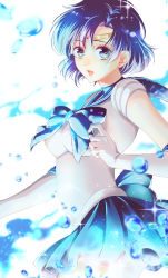 Rule 34 | 1girl, :o, back bow, backlighting, bishoujo senshi sailor moon, blue bow, blue eyes, blue hair, blue neckwear, blue sailor collar, blue skirt, bow, brooch, choker, circle, cowboy shot, elbow gloves, gloves, jewelry, leotard, looking at viewer, magical girl, mizuno ami, open mouth, pleated skirt, rera (12169432), sailor collar, sailor mercury, sailor senshi uniform, short hair, skirt, solo, water, white background, white gloves