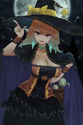 Rule 34 | 1girl, absurdres, alternate costume, bow choker, breasts, cape, chirpy, cleavage, cloak, contrapposto, cowboy shot, dress, earrings, fang, feather earrings, feathers, finger gun, gradient hair, grey hair, halloween, halloween costume, hand up, hat, highres, hololive, hololive english, jewelry, large breasts, looking at viewer, low neckline, moon, multicolored hair, necklace, open mouth, orange hair, purple eyes, smile, solo, takanashi kiara, trick-or-treating, virtual youtuber, wide hips, witch, witch hat