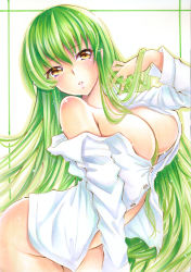 Rule 34 | adjusting hair, arched back, blush, bottomless, breasts, c.c., code geass, green hair, hair between eyes, hand in own hair, highres, long hair, looking at viewer, mimi (mini1474), naked shirt, shirt, single bare shoulder, solo, very long hair, white shirt, yellow eyes