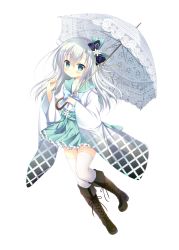 Rule 34 | 1girl, blue eyes, blush, boots, bow, commentary request, cross-laced footwear, flat chest, frilled skirt, frills, full body, hair bow, hair ornament, highres, holding, holding umbrella, japanese clothes, lace-up boots, long hair, looking at viewer, official art, onsen musume, ribbon, shimoda rika, shirogane hina, silver hair, simple background, skirt, solo, thighhighs, umbrella, white background, white thighhighs, wide sleeves, zettai ryouiki