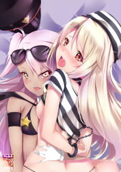 Rule 34 | 2girls, bad id, bad pixiv id, black bra, black headwear, black panties, black shirt, blush, bra, breasts, chain, chloe von einzbern, commentary, commission, dark-skinned female, dark skin, english commentary, eyewear on head, fate/kaleid liner prisma illya, fate (series), from behind, gainoob, gloves, hat, illyasviel von einzbern, long hair, looking at viewer, multiple girls, nipples, open mouth, panties, prison clothes, red eyes, shirt, side ponytail, small breasts, striped clothes, striped headwear, striped shirt, sunglasses, tongue, tongue out, underwear, unworn hat, unworn headwear, white gloves, white hair, white headwear, white shirt, yuri