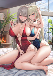 Rule 34 | 2girls, bed, blonde hair, blue eyes, blush, breasts, clothes, clothes grab, collar, dress, grey eyes, hand under clothes, highres, hug, hug from behind, large breasts, long hair, multiple girls, on bed, original, pelvic curtain, piripun, red dress, silver hair, smile, thighs, yuri