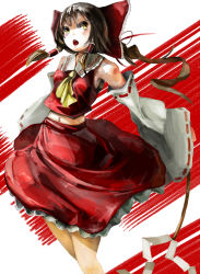 Rule 34 | 1girl, abstract background, ascot, bad id, bad pixiv id, bow, breasts, brown eyes, brown hair, cowboy shot, detached sleeves, gohei, hair bow, hair tubes, hakurei reimu, highres, long hair, midriff, miso saba, navel, open mouth, ponytail, red background, ribbon-trimmed sleeves, ribbon trim, small breasts, solo, standing, touhou, white background, wind, wind lift