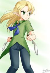 Rule 34 | 1girl, bad id, bad pixiv id, blonde hair, green eyes, knife, open mouth, original, pointy ears, regdic, reverse grip, solo