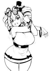 Rule 34 | 1girl, absurdres, bow, bra, bracelet, breasts, cowboy shot, dress, drill hair, drill sidelocks, earrings, eyewear on head, greyscale, grin, hat, hat bow, high contrast, highres, himajin noizu, jewelry, large breasts, looking at viewer, medium hair, mini hat, mini top hat, monochrome, ring, round eyewear, sidelocks, simple background, sleeveless, sleeveless dress, smile, solo, standing, sunglasses, teeth, thigh gap, top hat, touhou, twin drills, underwear, v-shaped eyebrows, yorigami jo&#039;on