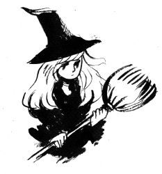Rule 34 | 1girl, broom, commentary, dress, english commentary, greyscale, hat, heikala, highres, holding, holding broom, inktober, long hair, long sleeves, monochrome, original, solo, witch, witch hat