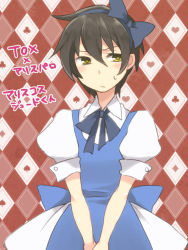 Rule 34 | 1boy, argyle, argyle background, argyle clothes, bad id, bad pixiv id, black hair, bow, bowtie, crossdressing, dress, embarrassed, hair bow, hairband, jude mathis, male focus, potechi norisio, puffy short sleeves, puffy sleeves, red background, short sleeves, solo, sweat, tales of (series), tales of xillia, v arms, yellow eyes