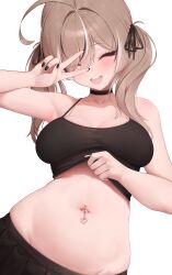 Rule 34 | 1girl, ^ ^, absurdres, ahoge, arm up, armpits, black camisole, black choker, black nails, black skirt, blush, breasts, brown hair, camisole, choker, cleavage, closed eyes, collarbone, commentary, crop top, facing viewer, fingernails, groin, hair ribbon, highres, hololive, hololive english, large breasts, multicolored hair, nail polish, nanashi mumei, navel, navel piercing, piercing, pleated skirt, prab, ribbon, simple background, skirt, smile, solo, stomach, streaked hair, teeth, twintails, two-tone hair, upper teeth only, v, v over eye, virtual youtuber, white background