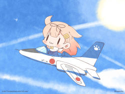 Rule 34 | 10s, 1girl, :3, aircraft, airplane, alternate costume, blue sky, bow, chibi, cloud, cloudy sky, commentary request, day, fighter jet, flying, hair bow, hair flaps, hair ornament, hair ribbon, hairclip, jet, kantai collection, long hair, military, military vehicle, momoniku (taretare-13), orange hair, pilot suit, ribbon, riding, sky, solo, sun, twitter username, vehicle focus, watermark, web address, yuudachi (kancolle), yuudachi kai ni (kancolle)